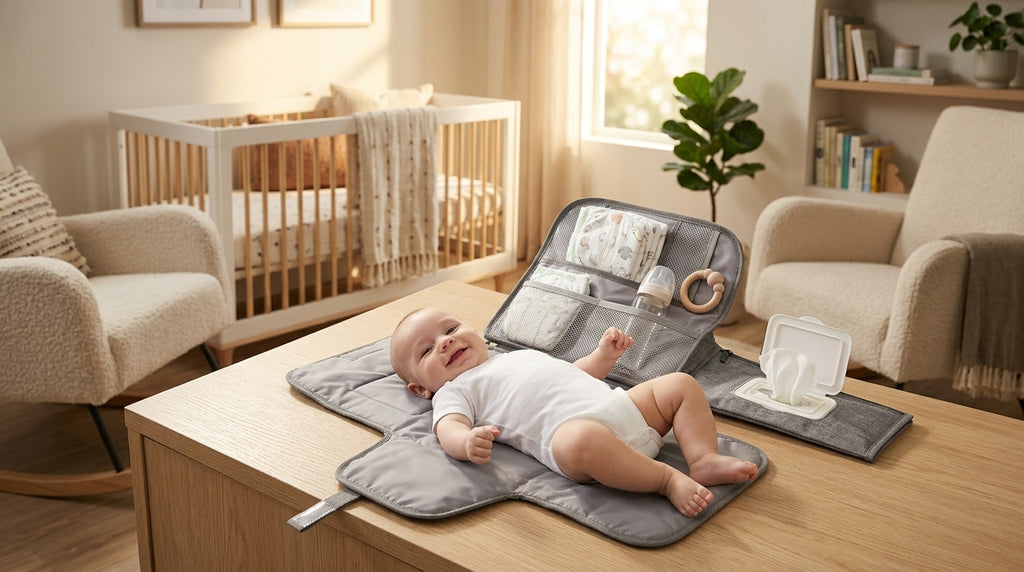A baby lying on a gray changing pad set on a wooden table in a softly lit nursery. The pad is open to show storage pockets with diapers, wipes, and accessories, and a small white container sits beside it.