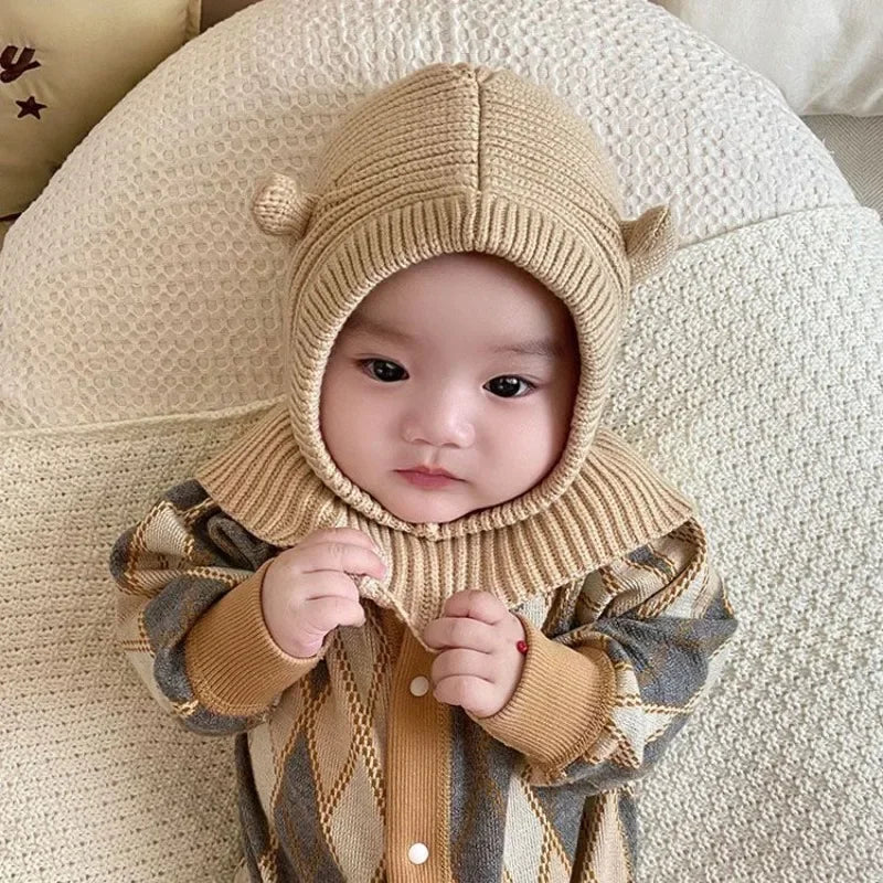 Winter Knit Balaclava Hat for Baby Cute Cartoon One Piece Scarf Cap Kids Thickened Warm Ear Protection Woolen Beanies Caps