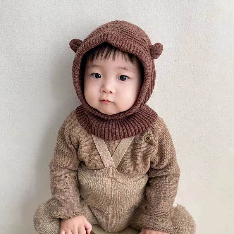 Winter Knit Balaclava Hat for Baby Cute Cartoon One Piece Scarf Cap Kids Thickened Warm Ear Protection Woolen Beanies Caps