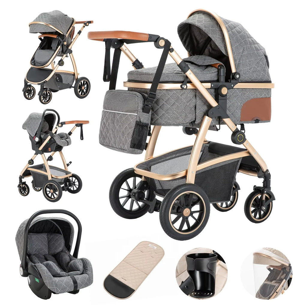 3 in 1 baby Prams Pushchair with high landscape Adjustable Handle Travel Pram with Mosquito Net Baby Stroller Aluminum frame