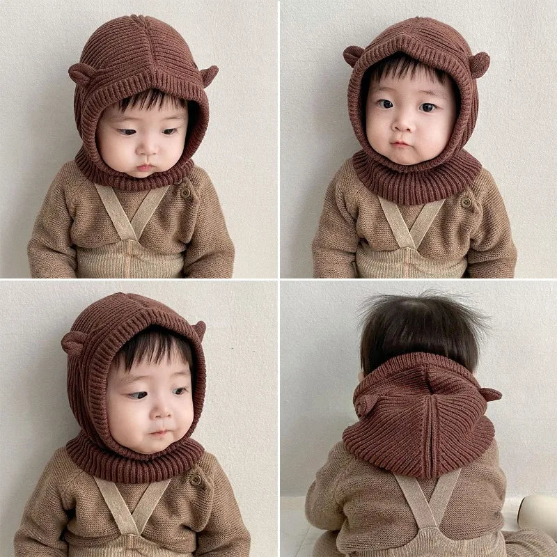 Winter Knit Balaclava Hat for Baby Cute Cartoon One Piece Scarf Cap Kids Thickened Warm Ear Protection Woolen Beanies Caps