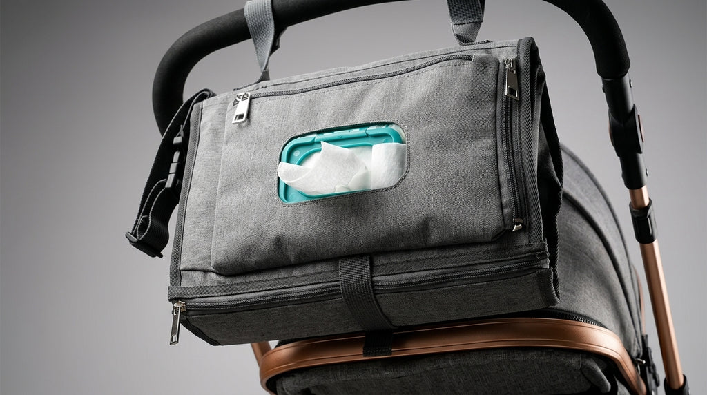 A dark gray diaper bag with a front zippered pocket holding a turquoise tissue box, shown hanging from a stroller handle on a neutral gray background.