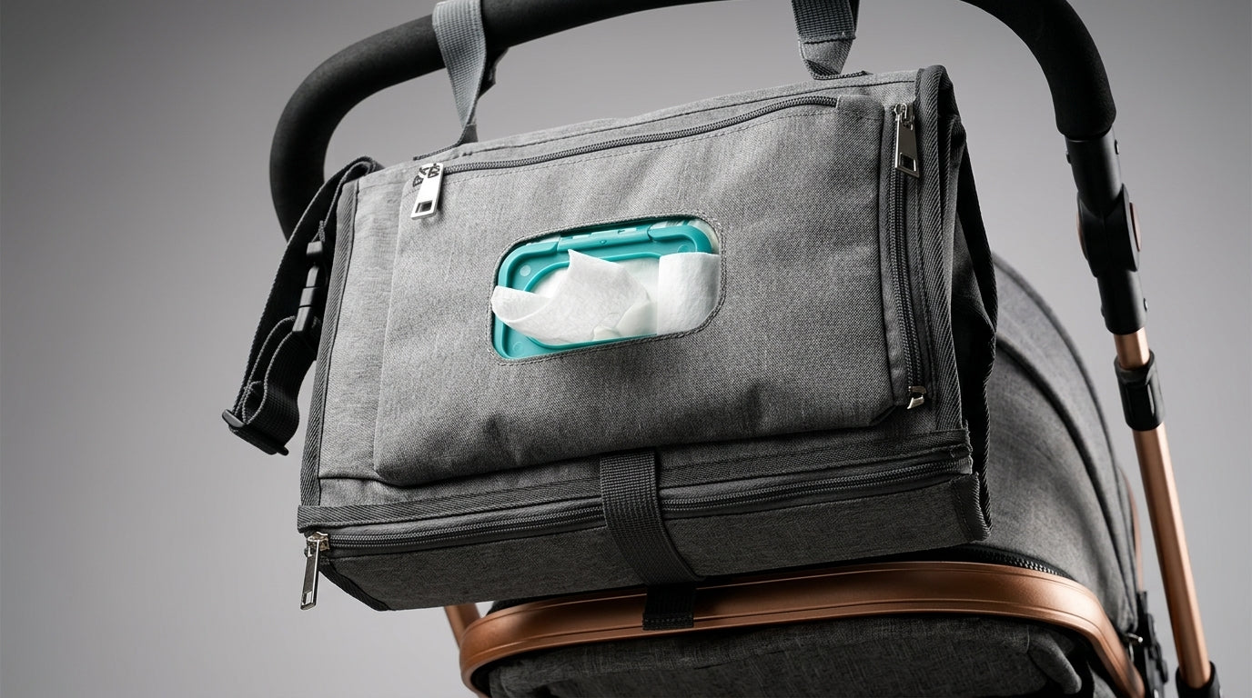 A dark gray diaper bag with a front zippered pocket holding a turquoise tissue box, shown hanging from a stroller handle on a neutral gray background.